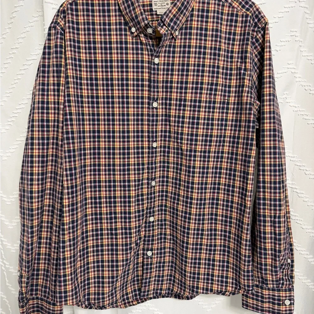 J. Crew Men's Casual Button Down Shirt Black Yellow Red Plaid Slim Fit Preppy XL